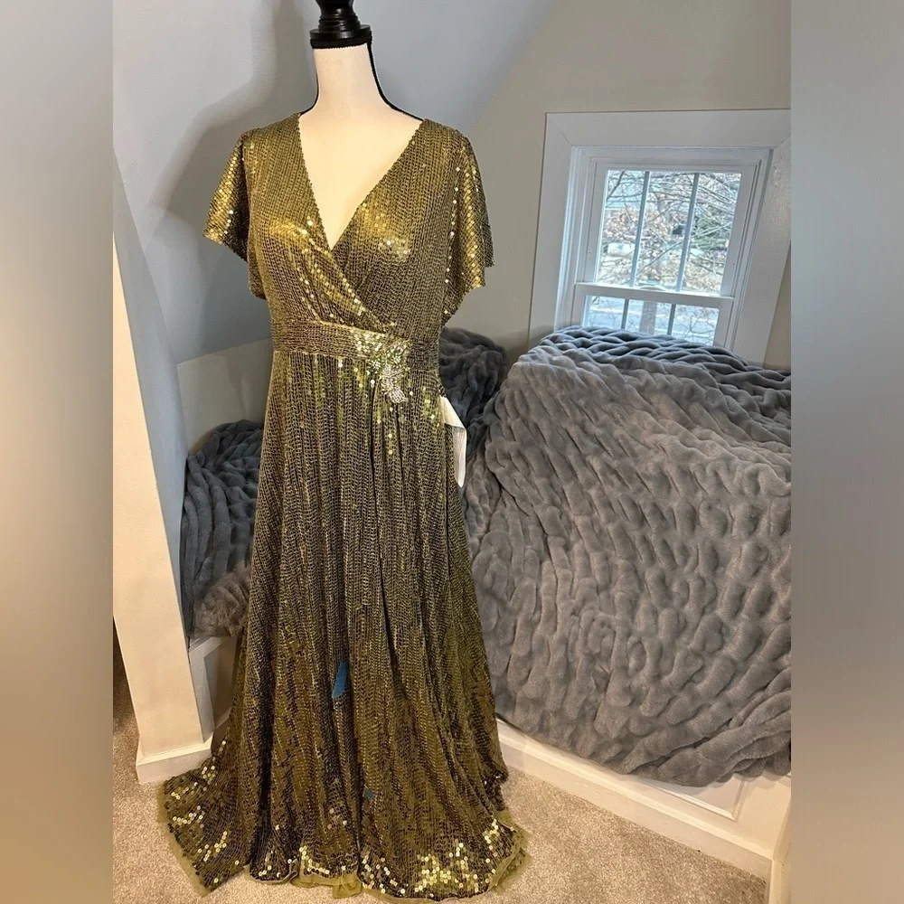 SEQUINED BUTTERFLY SLEEVE WRAP OVER A LINE GOWN - Picture 4 of 17